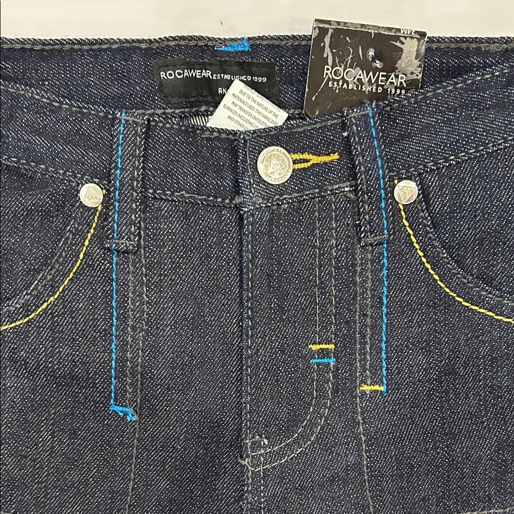 Rocawear Dark Denim Jeans with Yellow and Blue Stitching - Picture 3 of 12